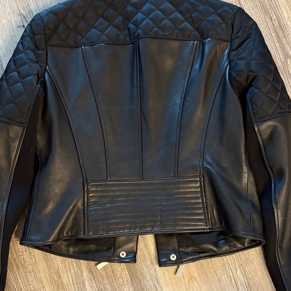 BCBGMaxAzria Black Leather Jacket Quilted Detail Size Small - Picture 10 of 13